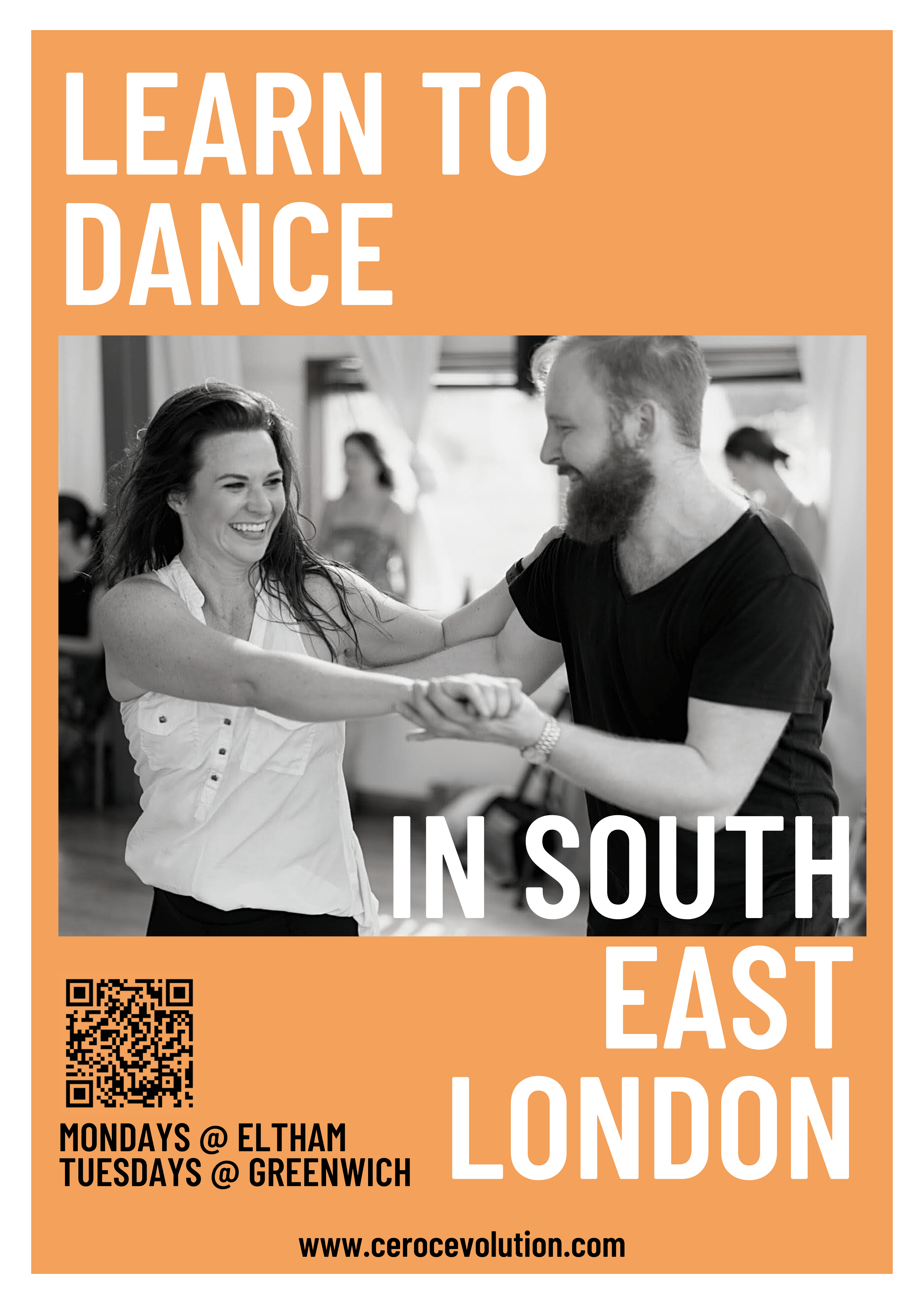A flyer for Ceroc dance classes with a black and white photograph of a man and woman dancing together and a QR code for more information.
