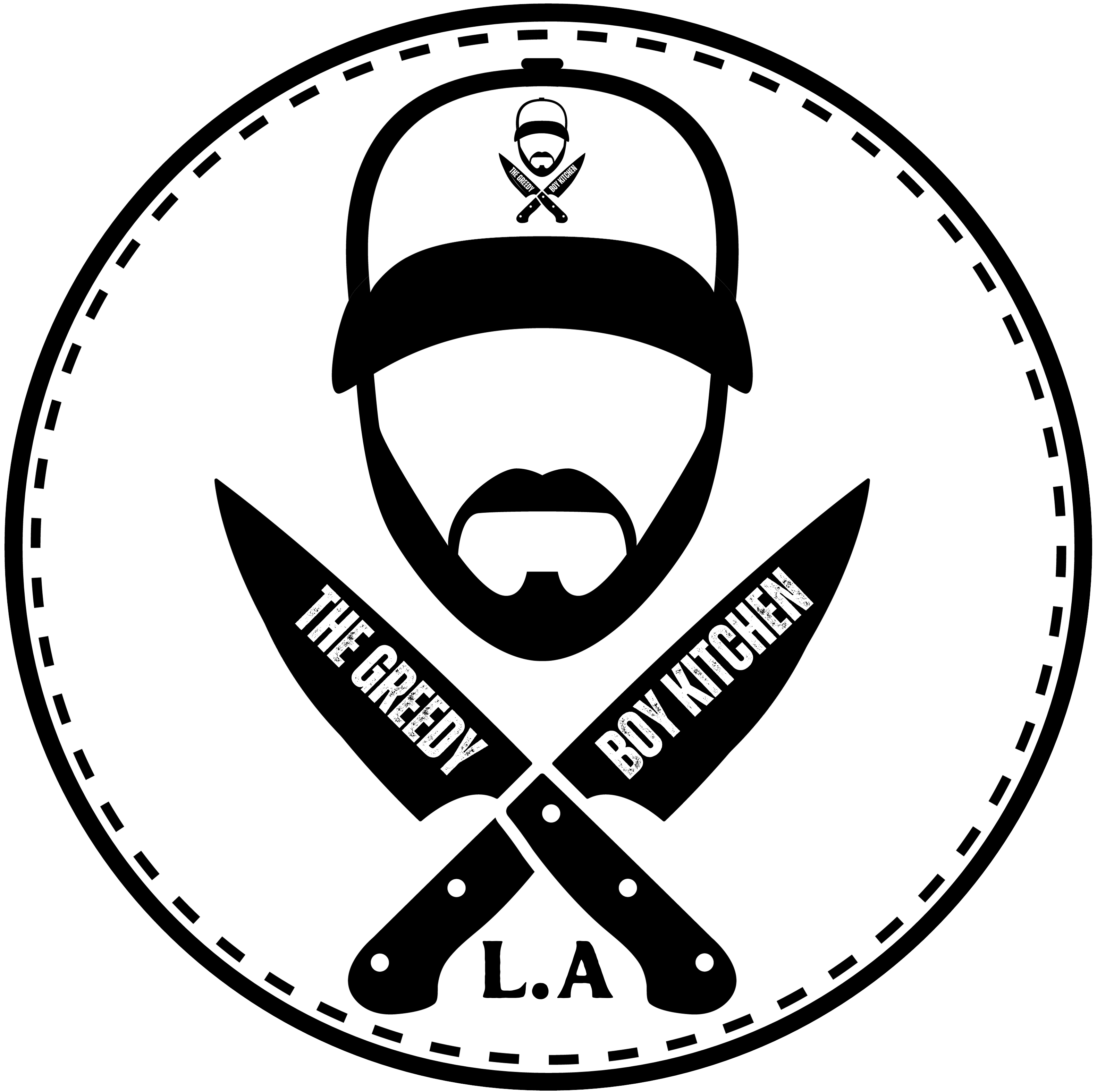 A circular logo shows a bearded man's head wearing a cap above two crossed knives bearing the words The Greedy Boy Kitchen. The whole logo appears on the hat in a smaller scale.