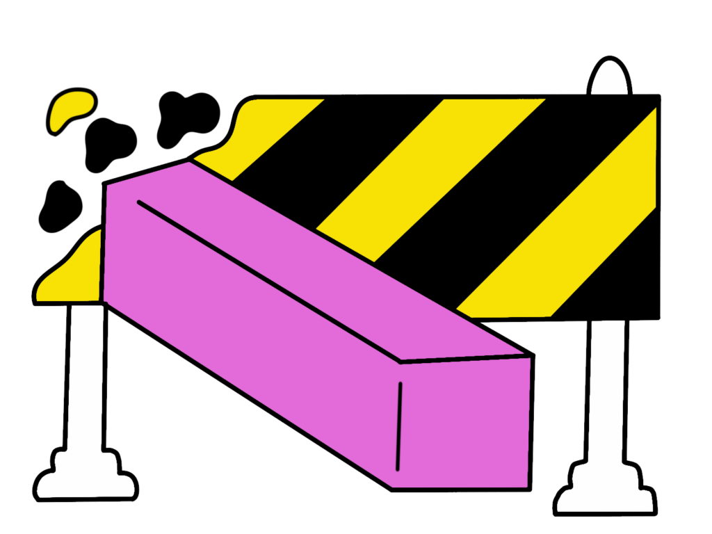 A black and yellow street barrier being erased by a bright pink rectangular rubber.