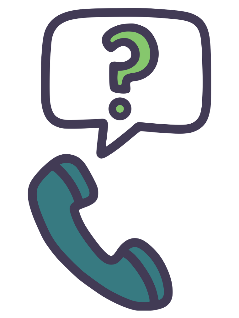 An advice line icon showing a green question mark inside a speech bubble coming from a teal landline telephone handset.