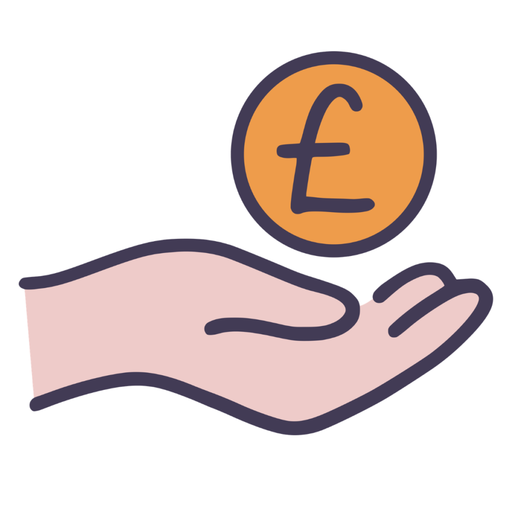 A simple line drawing of a pink cupped hand with an orange pound coin hovering above it.