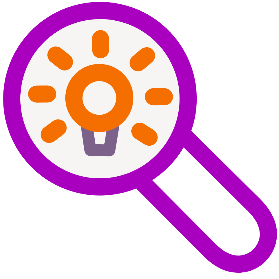 A colourful, simple icon of a purple magnifying glass focusing on an orange lightbulb.