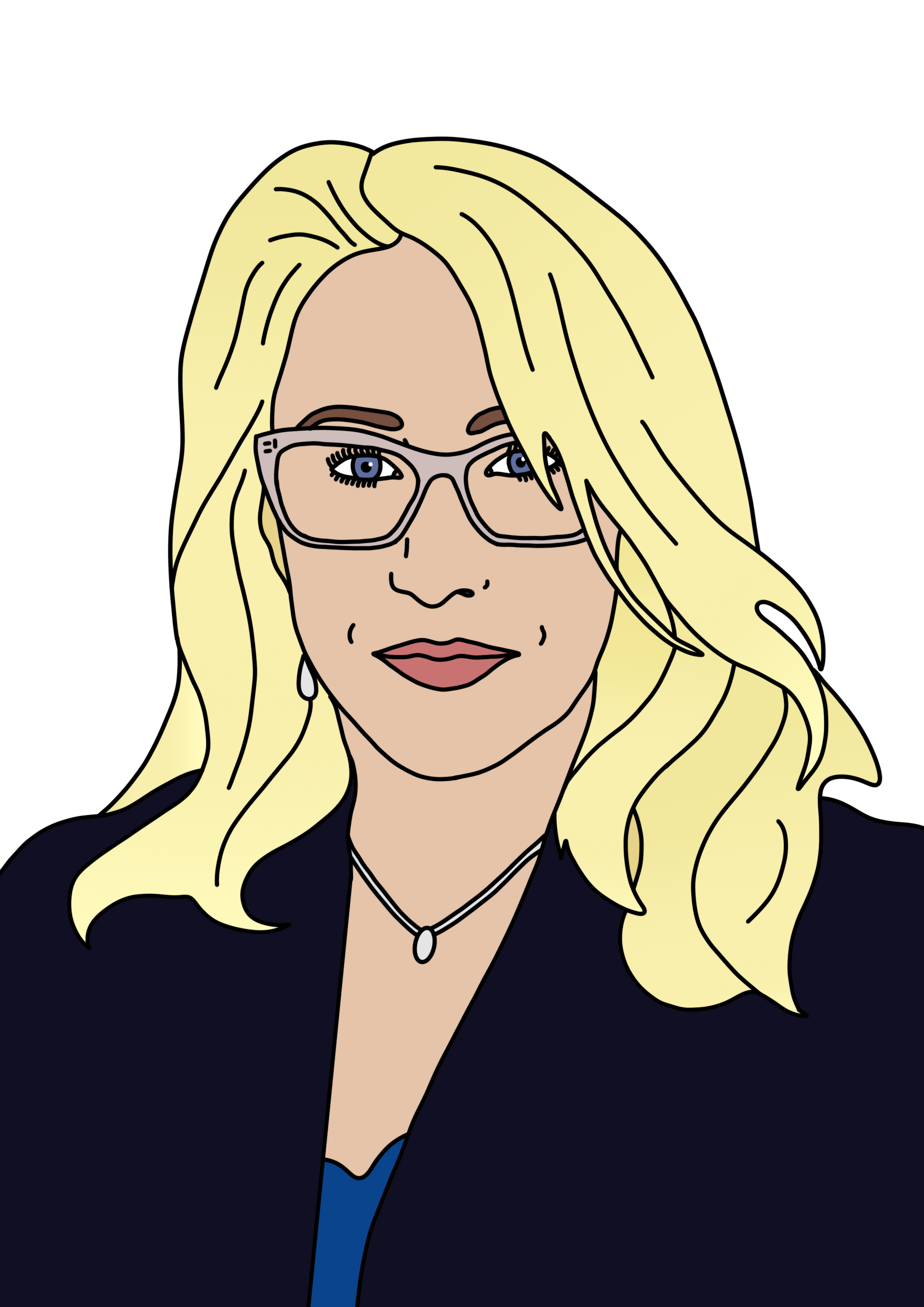 Katie's illustration of Izabela, who has blonde hair, grey glasses and is wearing a blue top with a black blazer.