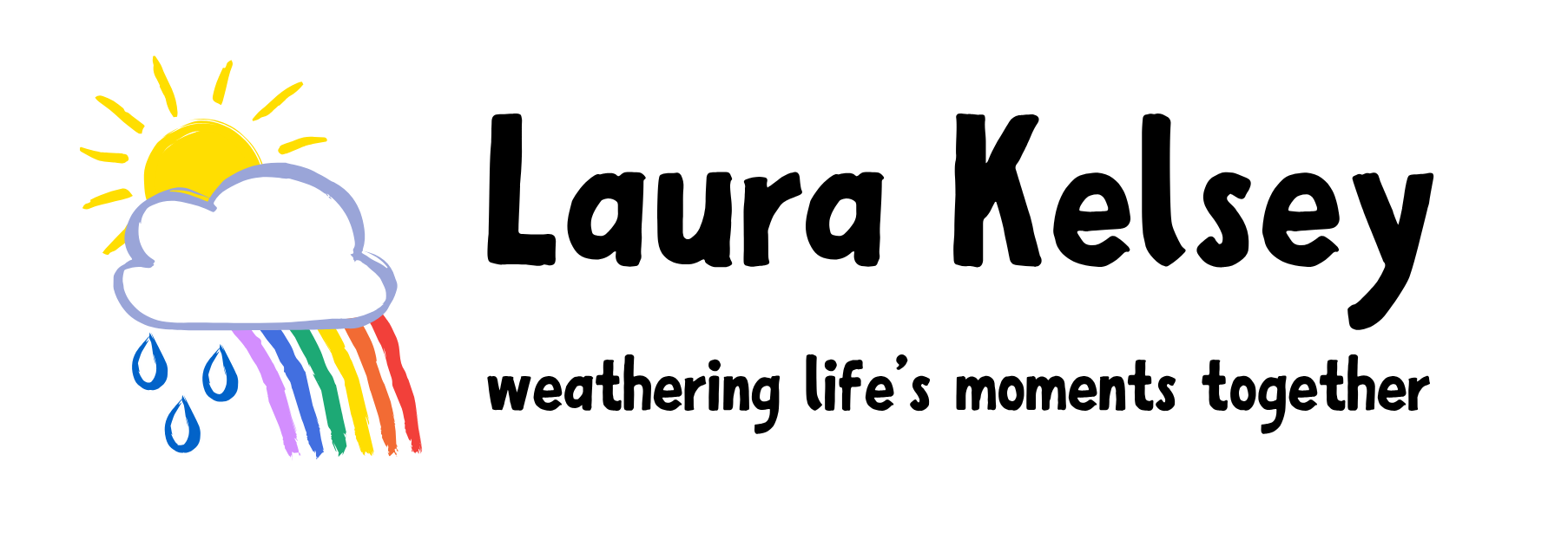 Laura's logo has a white cloud with a grey outline, a yellow sun, blue raindrops and a rainbow next to the text "Laura Kelsey, weathering life's moments together".