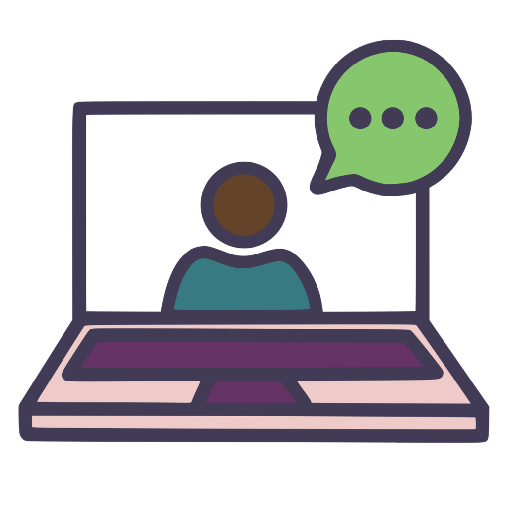 A simple outline of a pink and purple laptop. A green speech bubble containing 3 dots is shown coming from a person on-screen.