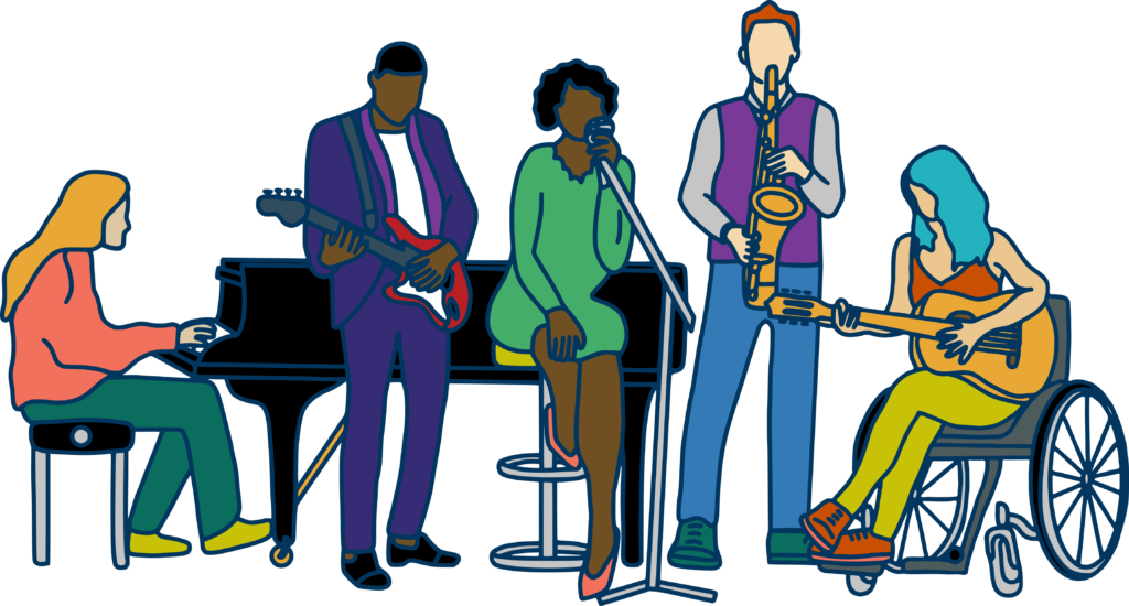 A colourful illustration of a group of 5 diverse musicals playing a grand piano, a red electric guitar, a saxophone and an acoustic guitar. The central figure is seated on a bar stool and singing into a microphone.
