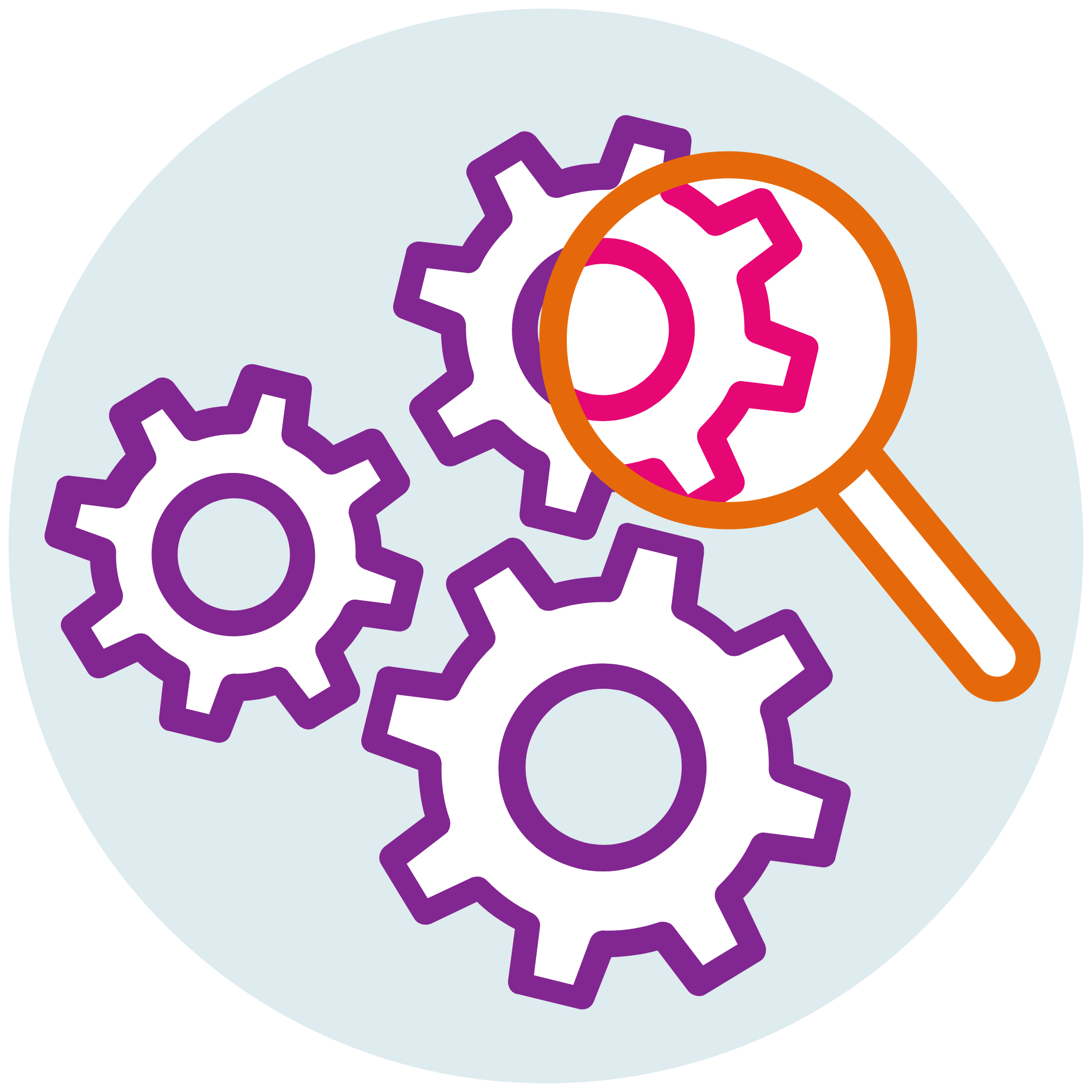 A process reviews icon showing a set of 3 purple cogs on a pale blue circular background. An orange magnifying glass is focused on part of 1 cog, with the focus area shown in pink.