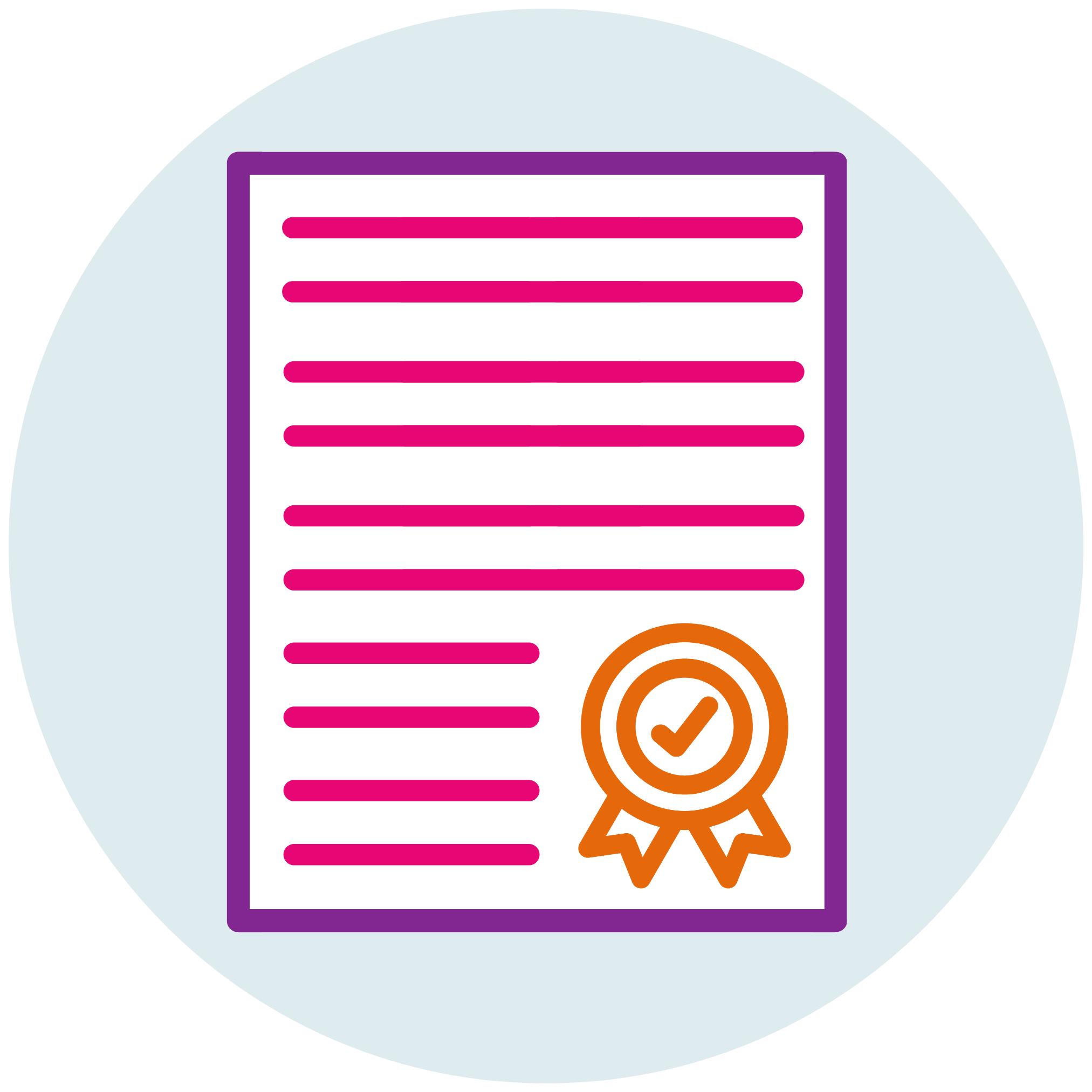 A quality assurance icon, showing a purple page outline containing pink lines of text and an orange rosette with a tick inside in, on a pale blue circular background.