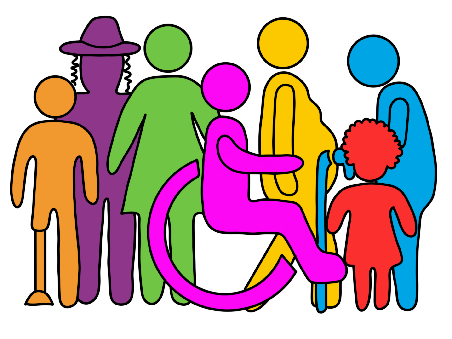 A diverse group of simple people icons in rainbow colours.
